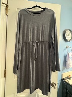 Gray Long Sleeve Drawstring Waist Women's Dress